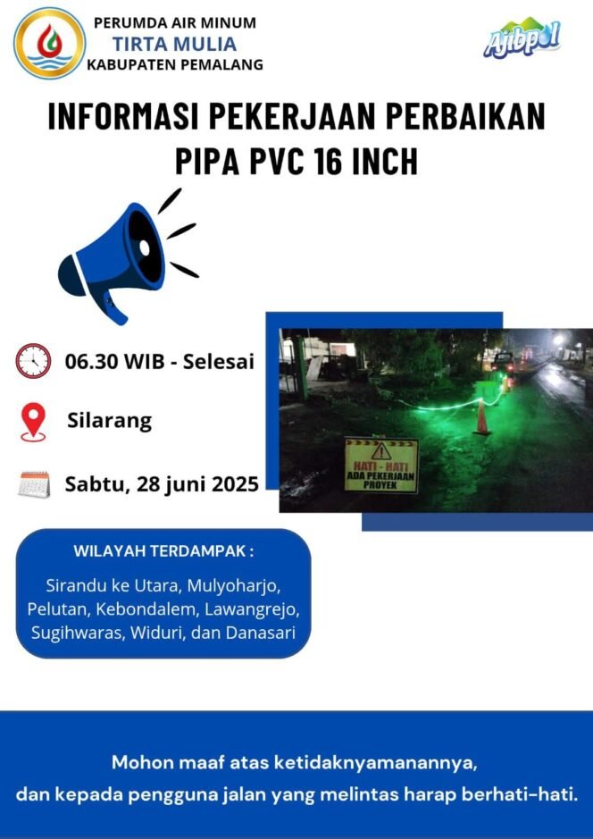 
					Gangguan Air Minum di Pemalang: Perumda Air Minum Tirta Mulia Lakukan Perbaikan Pipa PVC 16 Inch
